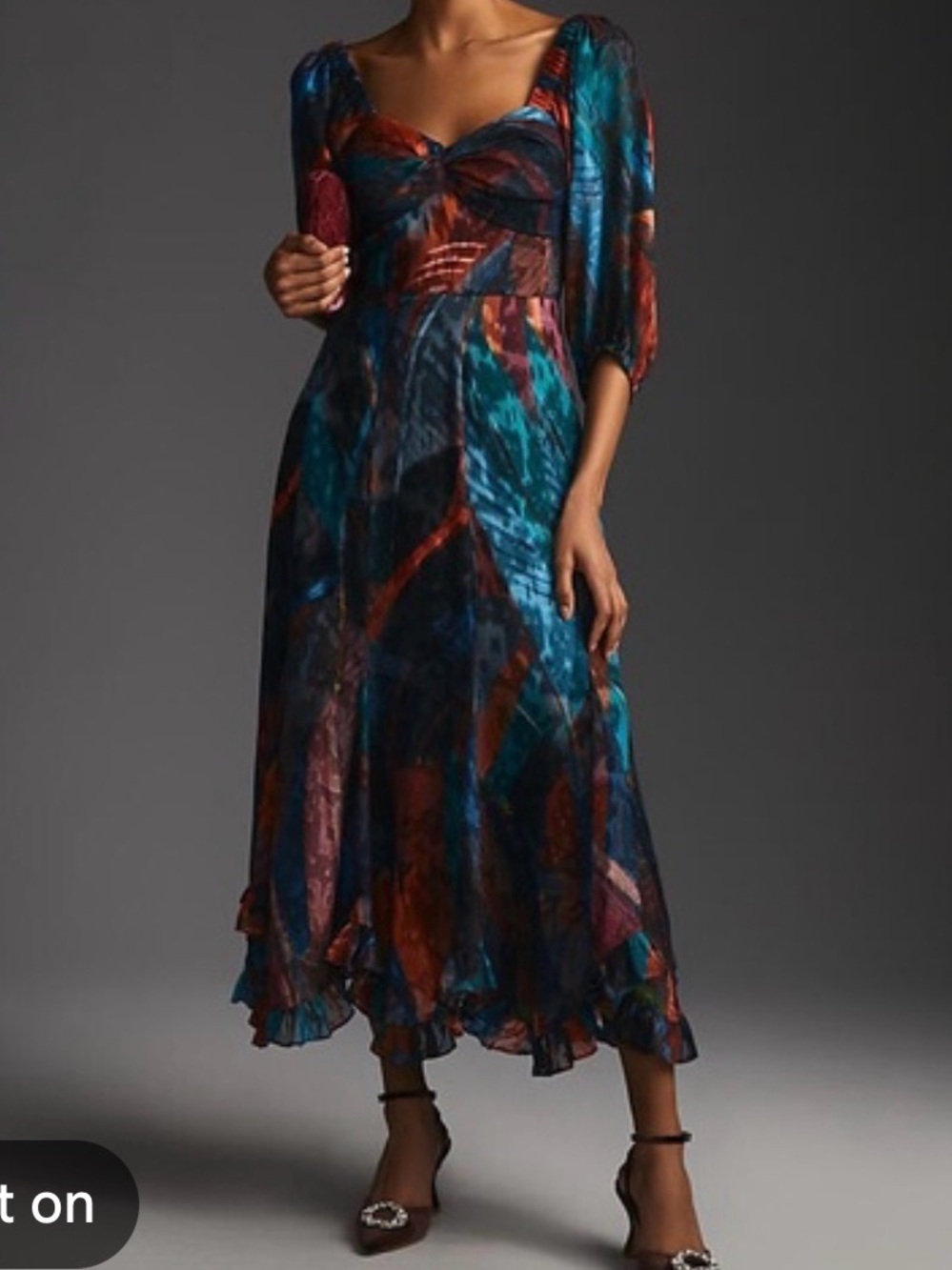 Anthropologie Multicolor V-Neck Midi Dress with Puff Sleeves
